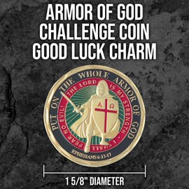 Armor of God Challenge Coin | Traditional Challenge Coin | Brass-Plated Bronze Finish | Warrior of God Design | 3D Relief Detail | 1 5/8" Diameter