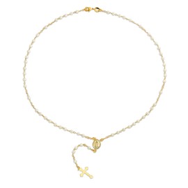 Bling Jewelry Dainty Delicate White Simulated Pearl Virgin Mary Medallion Rosary Beads Cross Necklace for Women Teen Gold Plated