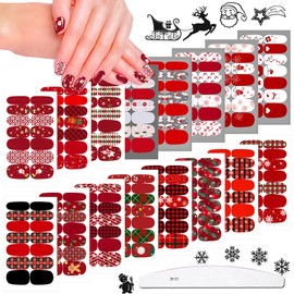 JERCLITY 16 Sheets Red Series Christmas Nail Polish Strips with Nail File Santa Claus Christmas Tree Snowflake Grid Pattern Christmas Nail Stickers Full Nail Wraps for Women Christmas Nail Art