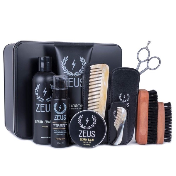 ZEUS Ultimate Beard Care Kit Gift Set for Men - The Complete Beard Grooming Kit for Men for Softer, Touchable Beards (Scent: Vanilla Rum)