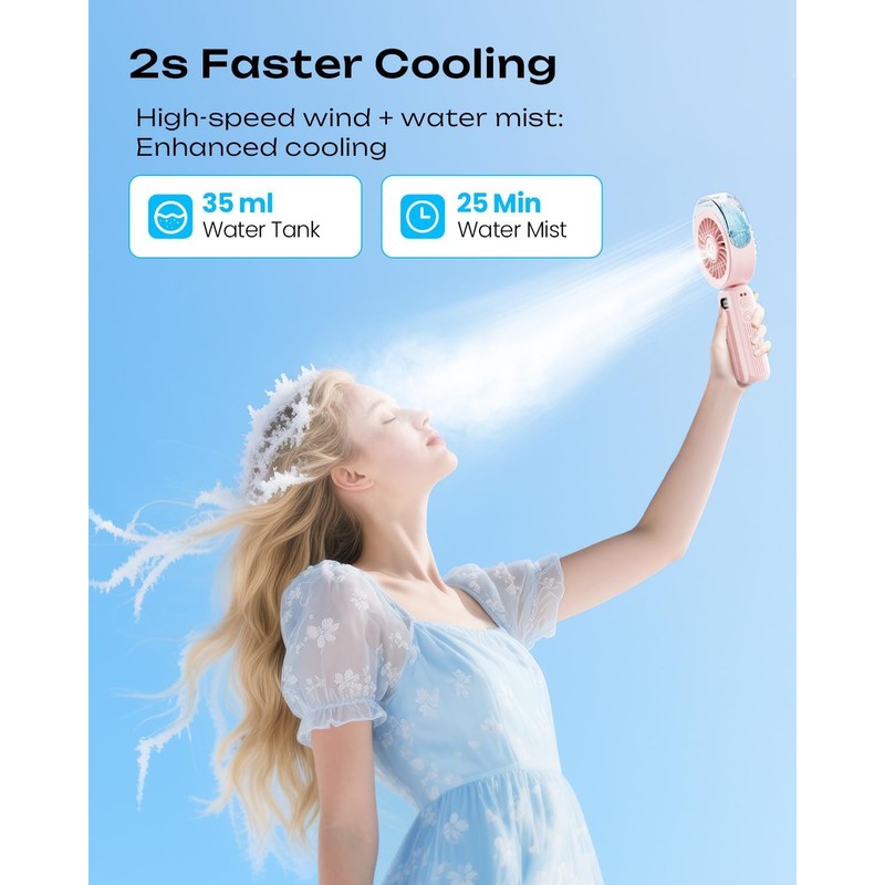 Otlonpe Handheld Misting Fan Portable, Powerful 4 High Speeds Rechargeable