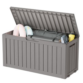 KAMABOKO Deck Box, 72 Gallon Resin Indoor and Outdoor Storage Boxes Waterproof for Garden Tools, Pool Accessories Storage Bench, Patio Furniture and Cushions with Lockable Lid, Grey