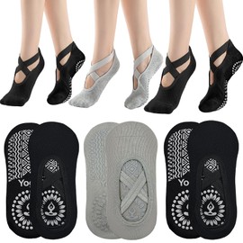 KEYRI 3 Pairs Non Slip Socks Yoga Pilates Socks for Women Girls, Trainer Socks Grippy Socks Floor Sock Anti-Slip Grips & Straps, One Size Breathable Socks for Fitness Ballet (Cotton, Black+Grey)