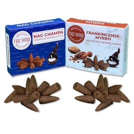 Backflow Incense Cones - Combo Pack of 20 Cones - 10 Frankincense Myrrh + 10 Nag Champa - Waterfall Incense