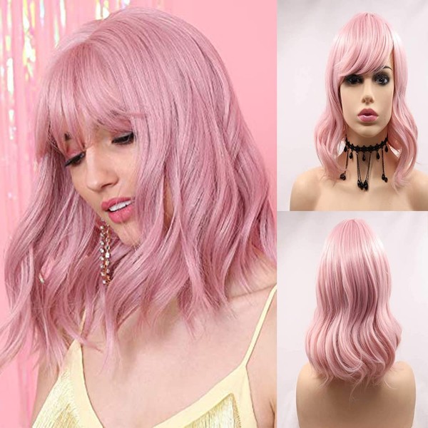 Xiweiya Peach Pink Bob Synthetic Hair Wigs Short Pink Curly Heat Resistant Fiber with Bangs Cosplay Wig for Women 14 Inch