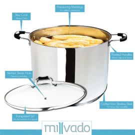 Millvado Stock Pot, Large Stainless Steel 20 Quart StockPot, Large Cooking Pot, Clear Glass Lid and Measurement Markings, Steam Hole, Induction, Gas, Electric Compatible Big Boiling Pot