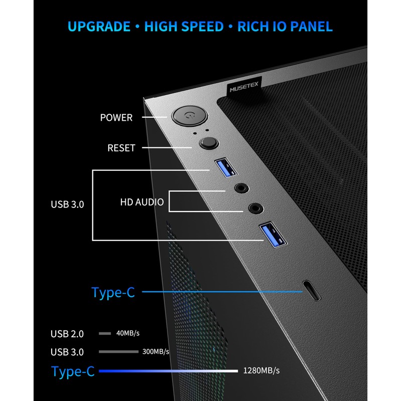 MUSETEX ATX PC Case 7 PWM ARGB Fans Pre-Installed, Type-C