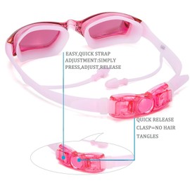Adjustable Swimming Goggles & Cap Set, No Leak Anti-Fog UV Protection Triathlon with Nose Clip Ear Plugs Case for Adult Men Women Youth (Pink)