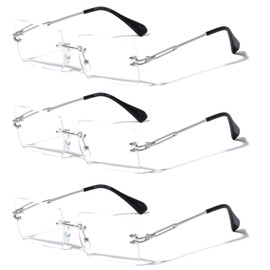 V.W.E. 3 Pairs Men Metal Fully Rimless Rectangular Reading Glasses - 140mm Width Modern Classy Clear Lens Reader (3 Silver, 2.25, diopters)