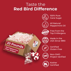 Red Bird Soft Peppermint Candy Mints, Bulk Candy Individually Wrapped, Clear Wrapper, 20 lb
