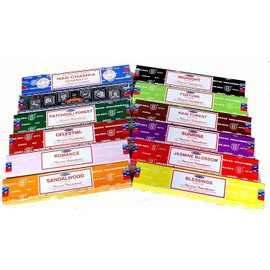 Satya Nag Champa Sunrise Sandalwood Midnight Patchouli Celestial Fortune Blessings Romance Super Hit Jasmine Blossom Rain forest Premium Assorted Incense Sticks 15g x 12 Pack