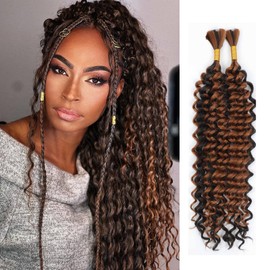 Human Braiding Hair Mix Synthetic Boho Hair for Braiding, 18 Inch Deep Wave Bulk for Boho Braids 2 Pcs Curly Bohemian Wet and Wavy Braiding Hair(P4/30#, 18 Inch-2pcs)