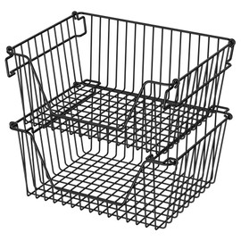 blitzlabs Stackable Wire Metal Baskets Sturdy Cabinet Organizer Wire Pantry Freezer Bin with Handle for Home Bathroom Kitchen Fruit Vegetable Organization, Black, 2Packs