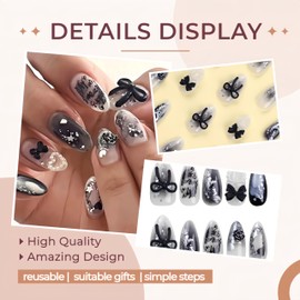 24 Pcs Heart Press On Nails Short Almond Fake Nails Black Gradient Pearl Heart Designs with Bow Charms Sequins Artificial Nails Star False Nails Reusable Glossy Full Cover Stick On Nails for Women