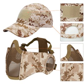 Yzpacc Airsoft Half Face Mask and Patch Hat Set Steel Mesh Mask with Ear Protection and Baseball Cap Tactical Protective Mask for CS Game BB Gun Paintball Hunting Shooting