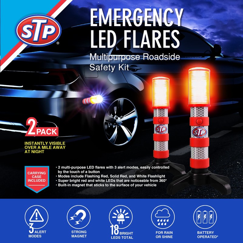STP Emergency LED Road Flares, 3 Separate Lighting Modes: Flashing