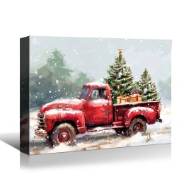 Christmas Themed Canvas Red Truck with Christmas Tree in Snow, Ideal Holiday Decor Perfect for Home Hanging Printing Decorationcolor: Brown, size: 24*16in