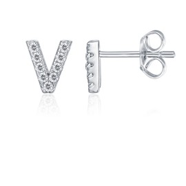 PAVOI 925 Sterling Silver CZ Simulated Diamond Stud Earrings Fashion Alphabet Letter Initial Earrings - V