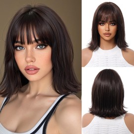 OUFEI Dark Brown Wigs for Women with Fringe Short Straight Bob Natural Curly Synthetic Hair Heat Resistant Wigs for Daily Party Cosplay Wear