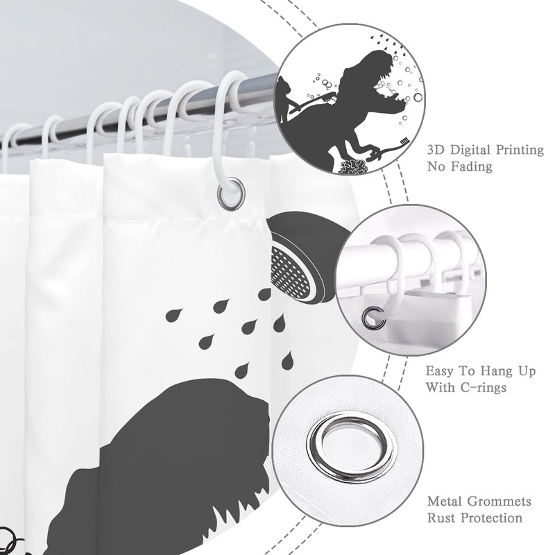 BIYSUC Cat Dinosaur Shower Curtain Funny Cat Help Dino Bathe