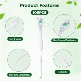 Vzznn 100 Mini Cepillos Dientes Desechables Granel Preencolados Pasta Raspador Lengua Palillo Caja Envuelta Individualmente Juego Cepillo Agua