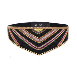 Cinturones bohemios hechos a mano con abalorio étnicas, cinturón elástico ancho para niñas y mujeres, negro (Black Triangles), 35"