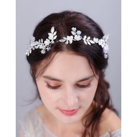 Teyglen Flower Wedding Headband Flower-Leaf Bridal Headpieces Silver Leaves Pearl Rhinestone Beads Hair Pieces Handmade Hair Accessories for Women Bride Girls