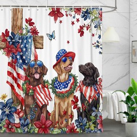 BATRUG 4th of July Dog Shower Curtain, Red White and Blue Patriotic Memorial American Flag Independence Floral Shower Curtain Sets, Rustic Holiday Waterproof Fabric Bath Curtains with Hooks, 70X70IN