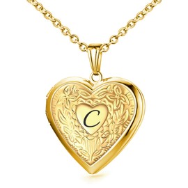 Locket Necklace Holds Pictures Alphabet Initial Letter Love Heart Lockets 18K Gold Plated Photo Memory Locket Necklaces Gold C