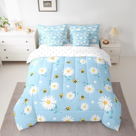 Feelyou Cartoon Bee Comforter Set with Sheets Leaf Flower Floral 7 Piece Bedding Set Full Size for Kids Boys Girls Kawaii Bugs Farmhouse Bed in a Bag