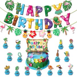 Birthday Party Supplies, Hawaii Style Decorations Party Favors and Decors Set Party Favors and Decors Set, Includes 1Birthday Banner，16Cake Inserts, 24Latex Balloons, 2Rolls Ribbon (Hawaii)