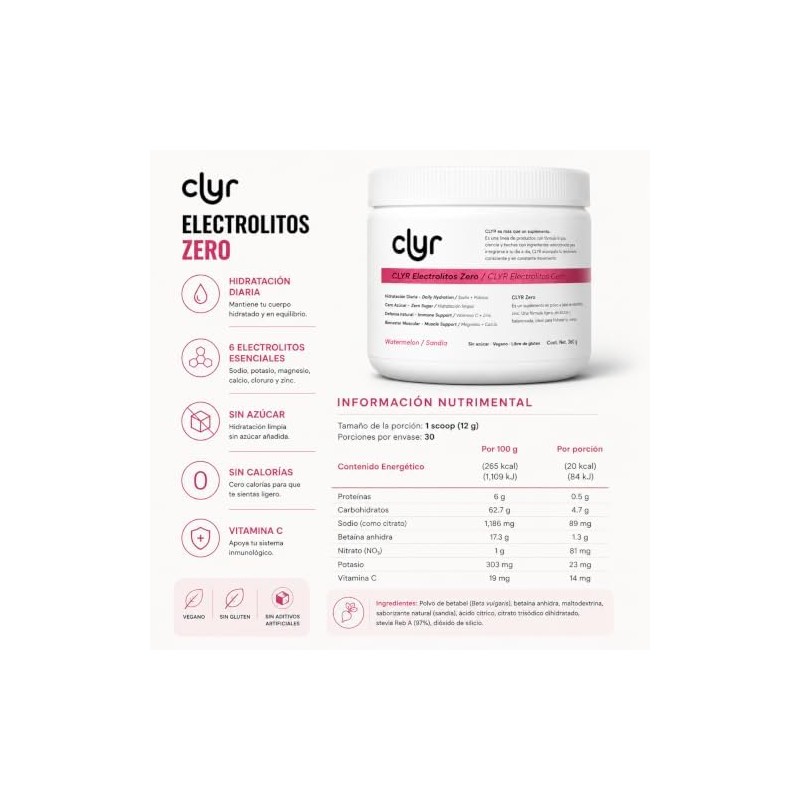 CLYR Electrolytes Zero, Electrolitos Sabor Sandía, Sin Azúcar, Suplemento con
