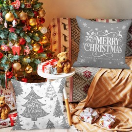 Lanpn White and Grey 40x40 Christmas Pillow Covers Set of 4, Decorative 40 cm Gray Winter Snowflake Throw Pillow Case Xmas Cushion Cover for Indoor House Sofa Grey