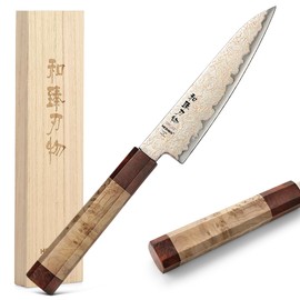 HEZHEN Kitchen Utility Knife, 5.5 Inches, 37 Layers Tricolor Copper Damascus Steel, Vegetable Fruit Knife, for Chefs and Home Cooking Using, Razor Sharp,Sycamore Wood Handle