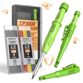 Nicpro CP3000 Carpenter Pencil with Sharpener, 2.8 mm Mechanical Pencils with 19 Refills, Deep Hole Marker for Construction, Heavy Duty Woodworking Pencil, Carpenter Tools for Architect Marking(Green)