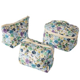 Sparkle Being Meadow Magic Floral Quilted Cotton Cosmetic Zipper Pouch, Large Capacity Makeup Accessories Storage Bag for Women Girls, Aesthetic Coquette Travel Toiletry Organizer (Set of 3)