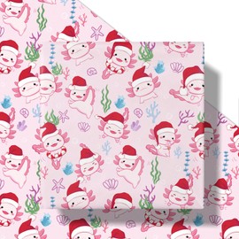 RUSPEPA Axolotl Christmas Wrapping Paper Roll, Mini Roll, Cute Axolotl Cartoon in Santa Hat with Ocean Coral & Seashell Design, Pink Gift Wrap for Kids, Girls, Xmas Gifts, 17 Inches x 16.4 Feet