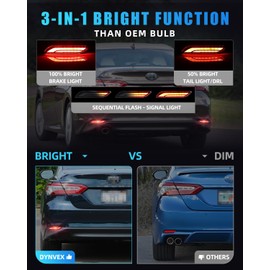 LED Rear Bumper Reflector Light Compatible with Toyo-ta Camry 2018-2024, [Play & Plug] [IP67 Waterproof], Red LED Tail Brake Rear Fog & Sequential Turn Signal Lamps, 2 PCS, Smoked Lens