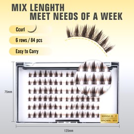 Natural Lash Clusters - 84pcs Wispy Eyelash Clusters, C Curl MIX Length Resuable DIY Lash Extensions,LANKIZ Individual Lashes for Beginners(MANGA02-BROWN)