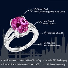 Gem Stone King 6.48 Cttw Pink Created Sapphire Ring For Women | 925 Sterling Silver | Oval 12X10MM | Gemstone September Birthstone | Available In Size 5, 6, 7, 8, 9