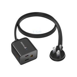 TROND Short Flat Extension Cord 1.5ft - Left Angled Flat Plug Power Strip, 3 Grounded Plug Extension Outlets, Three Prong, 16 Gauge Wire, 13 Amps, Small for Indoor Home Office Cruise Travel, Black