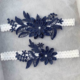 Liga de encaje para novia, liga floral elástica para novia, color azul y blanco, Azul marino, M(16"-20.5")