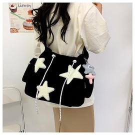 Corduroy Crossbody Bag for Women Y2k Aesthetic Star Patches Messenger Bag Cute Shoulder Tote Bag with Kawaii Pendant (Black,One Size)