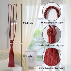 Pretty Jolly Long Tassels Curtain Tiebacks Handmade Braided Rope Knot Draped Tiebacks Elegant Decorative Curtain Holdbacks for Home and Office Red Pack of 4