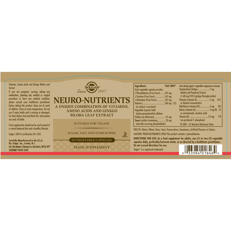 Solgar Neuro-Nutrients Vegetable Capsules - Pack of 60 - For