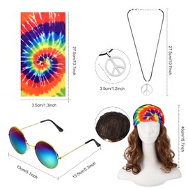 Norme 5 Pieces Mardi Carnival Hippie Costume for Men Women 70s Tie Dye T-Shirt Peace Sign Necklace Headband Wig Sunglass(Classic, L-Kid)