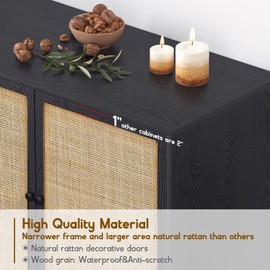 XIAO WEI Sideboard Buffet Cabinet with 3 Natural Rattan Decorated Doors, 47.24" W Accent Rattan Cabinet, Boho Credenza Storage Cabinet, for Living Room Dining Room Hallway, Metal Legs, Black