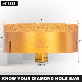 KSEIBI 615352 Diamond Hole Saw, 6 Inch (152mm) Diamond Core Drill Bit for Porcelain, Ceramic, Granite Drill Bits, Brick, Marble, Dry Cutting, 2" Drilling Depth, 5/8"-11 Thread, for Angle Grinder