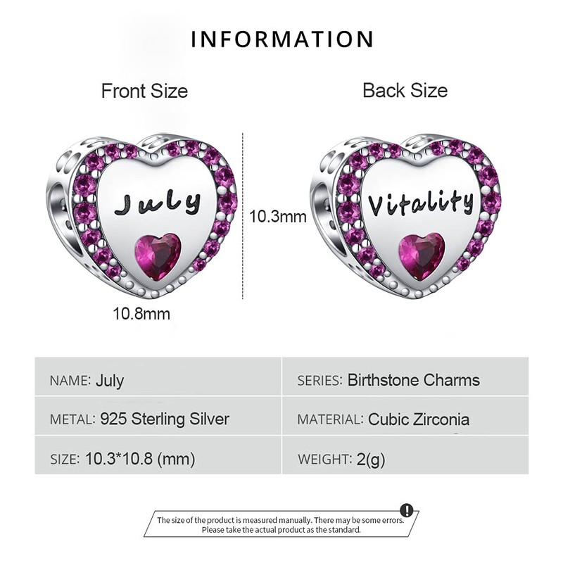 TIZU Birthstone Charms, Heart Charm Pendant, Silver 925 Bead Charms,