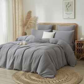 YASMENG 100% Cotton Muslin Duvet Cover Set Queen Size Grey, Ultra Soft Breathable Absorbent Gauze Bedding Duvet Cover, Luxurious Minimalist Natural Wrinkle Linen Textured Comforter Cover 90" x 90"